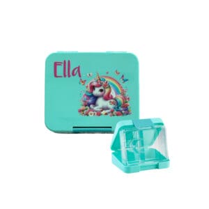 Znünibox Mint mit 4 Fächern, personalisiert mit dem Namen Ella in Pink und süssem Einhorn-Motiv, praktische Lunchbox für Kindergarten und Schule.