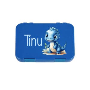 Znünibox blau personalisiert mit Name Tinu, Lunchbox für Kinder mit Dino Motiv