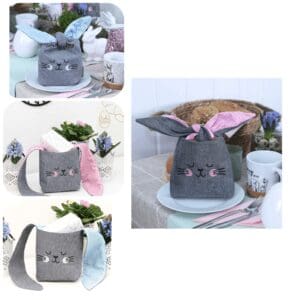 erschiedene Hasenbeutel als Osternester in Rosa und Blau dekorativ in Szene gesetzt