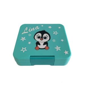 Nilana Znünibox piccola mint mit Pinguin und Name Lina