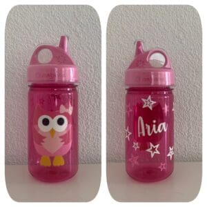 Nalgene Trinkflasche grip'n'gulp pink personalisiert mit Name und dem Motiv Eule und mit weissen Sternen