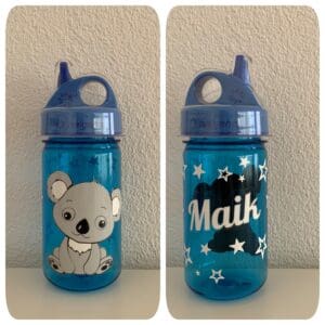 Nalgene Trinkflasche grip'n'gulp blau personalisiert mit Name und mit weissen Sternen und einem Koalabär Motiv