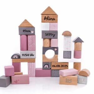 Holzbausteine Rosa personalisierbar mit Name Alina und Geburtsdaten als Geschenk zur Taufe