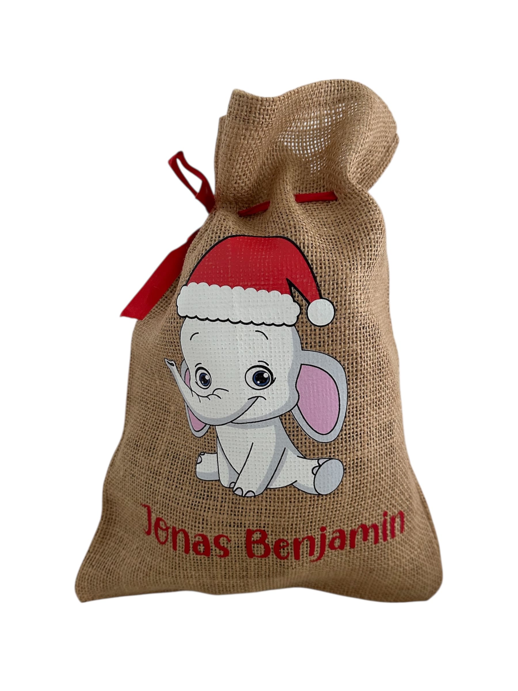 Chlaussäckli aus Jute mit Elefant und Name Jonas Benjamin Chlaussäckli aus Jute mit Elefant und Name Jonas Benjamin
