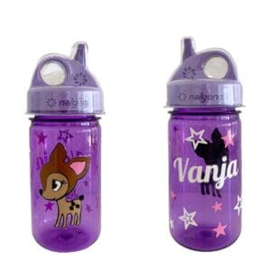 Nalgene Trinkflasche grip'n'gulp violett personalisiert mit Name und einem Reh als Motiv