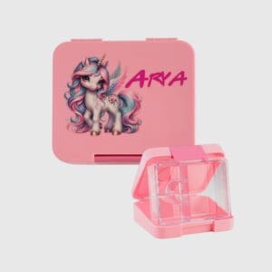 Znünibox rosa unterteilt mit süssem Einhorn und personalisiert mit Name