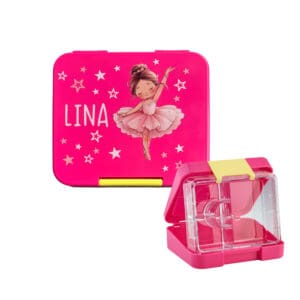 Personalisierte Znünibox pink mit Ballerina-Motiv und Name Lina – Lunchbox für Mädchen von Nilana