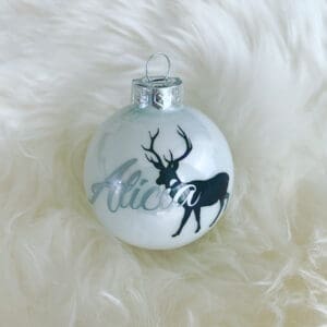 Weihnachtskugel Weiss Glänzend mit Hirsch und Name