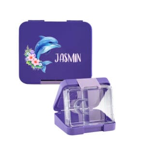 Znünibox Violett personalisiert mit Name Jasmin mit Delfin Motiv für Kinder mit praktischen Fächern