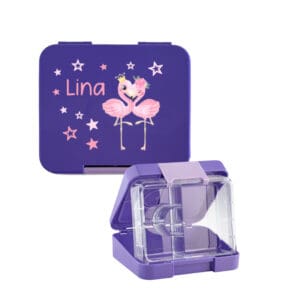 Znünibox Violett personalisiert mit Name Lina mit Flamingo Motiv für Kinder mit praktischen Fächern