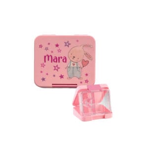 Znünibox Rosa Nilana Piccola, personalisiert mit dem Namen Mara, Hasenmotiv mit Herzballon, unterteilte Lunchbox verziert mit Sternen, ideal für Kindergarten und Schule