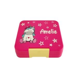 Nilana Znünibox piccola hot Pink mit Einhorn mit Herz und Name Amelie