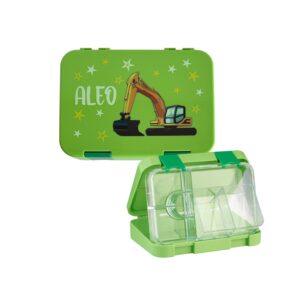 Grüne Lunchbox mit Baggermotiv und dem Namen Aleo, daneben geöffnete Box mit transparentem Inlay.