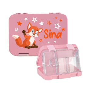 Znünibox Rosa personalisiert mit Name Sina und Fuchs-Motiv – Lunchbox unterteilt für Kinder
