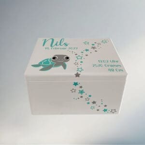 Personalisierte Erinnerungskiste "Schildkröte" in der Farbe Mint und Grau