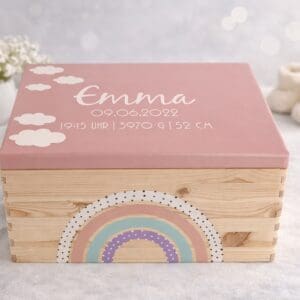 Erinnerungskiste personalisiert Regenbogen mit Name Emma und Geburtsdaten auf sanftem hellem Hintergrund