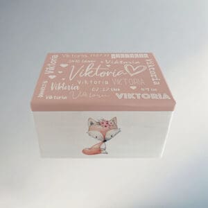 Personalisierte Erinnerungskiste in Weiss – Altrosa Design mit Boho Fuchs – liebevolles Geschenk zur Geburt mit Tiermotiv und Babyname