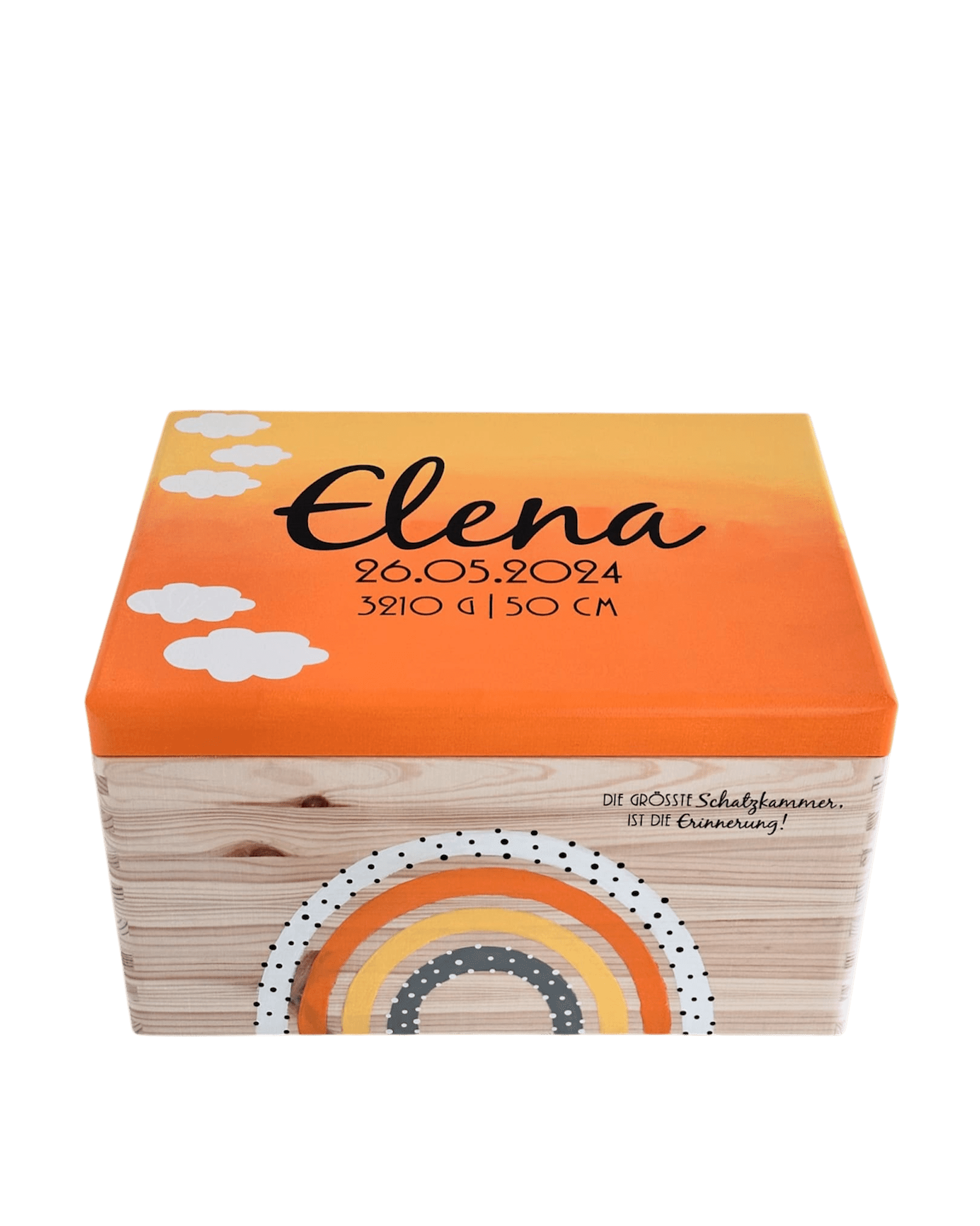 Erinnerungsbox mit Orange gelben Regenbogen personalisiert mit Namen und Geburtsdaten und Orange Gelb lackiert mit weissen Wolken- Personalisierte Holz Erinnerungskiste Erinnerungsbox mit Orange gelben Regenbogen personalisiert mit Namen und Geburtsdaten und Orange Gelb lackiert mit weissen Wolken- Personalisierte Holz Erinnerungskiste