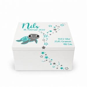 Personalisierte Erinnerungskiste Schildkröte mit Name und Geburtsdaten – liebevolles Geschenk zur Geburt
