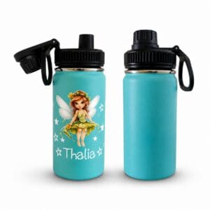 Kinder Trinkflasche mit Namen Mint 400 ml personalisiert – Thermosflasche mit Feen-Motiv und Name Thalia