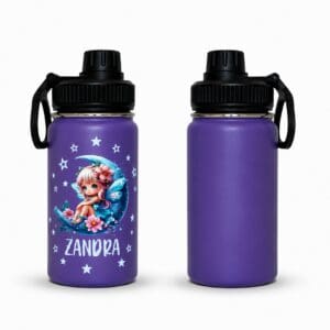 Kinder Trinkflasche – Thermosflasche Violett 400ml personalisiert mit Feenmotiv und Name Zandra, Vorder- und Rückseite
