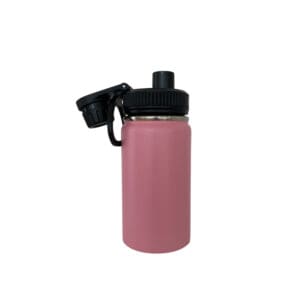 Personalisierte Kindertrinkflasche Rosa 400ml geöffnet mit Deckel und Trinköffnung, auslaufsicher und isoliert