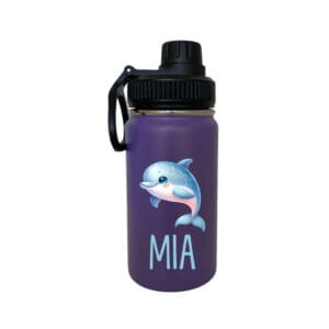 Personalisierte Kindertrinkflasche Violett – 400 ml mit Delfin Motiv, auslaufsicher, isoliert und mit Namen bedruckt