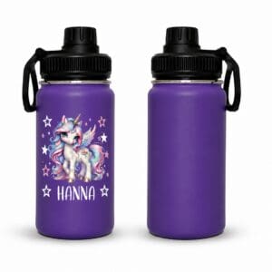 Kinder Trinkflasche – Thermosflasche Violett 400ml personalisiert mit Einhornmotiv und Name Hanna, Vorder- und Rückseite
