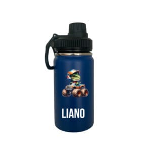 Personalisierte Kindertrinkflasche Dunkelblau – 400 ml mit Dino Motiv, auslaufsicher, isoliert und mit Namen bedruckt