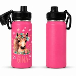 Kinder Trinkflasche Thermosflasche Pink 400 ml personalisiert mit Pferd und Name Gina – Nilana