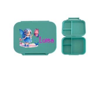 Znünibox Mint mit personalisierter Fee und Name „Luisa“ – Kinder-Lunchbox mit Schmetterlingen und praktischem Trennsteg