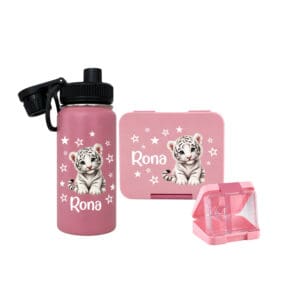 Personalisiertes Znünibox Set Pink mit weissem Babytiger und Name Rona – Lunchbox und Trinkflasche