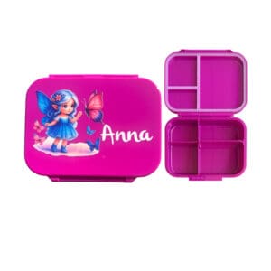 Pinkfarbene Znünibox mit personalisiertem Namen „Anna“ und süssem Feen-Motiv mit Schmetterlingen – geöffnet und geschlossen dargestellt