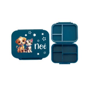 Znünibox Blau mit Trennsteg, personalisierte Lunchbox mit Wunschname, praktische Brotdose für Kindergarten und Schule, mit Hund und Katze, Sterne und Name