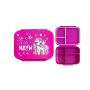 Znünibox Pink Light mit Trennsteg, personalisierte Lunchbox mit Wunschname Maren, Einhorn Motiv und farbigen Sternen, ideale Brotdose für Kindergarten und Schule.