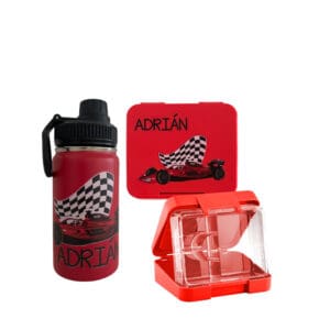Personalisierte Znünibox und Trinkflasche in Rot im Set – praktisches Geschenk für Kinder mit Wunschname, ideal für Kindergarten und Schule.
