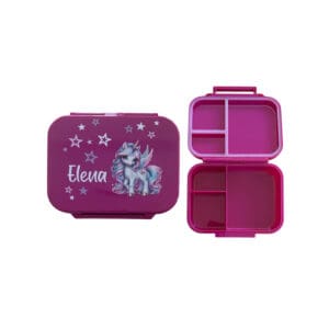 Znünibox Pink light mit Trennsteg, personalisierte Lunchbox mit Wunschname, und Einhorn Motiv und Sternen, praktische Brotdose für Kindergarten und Schule.