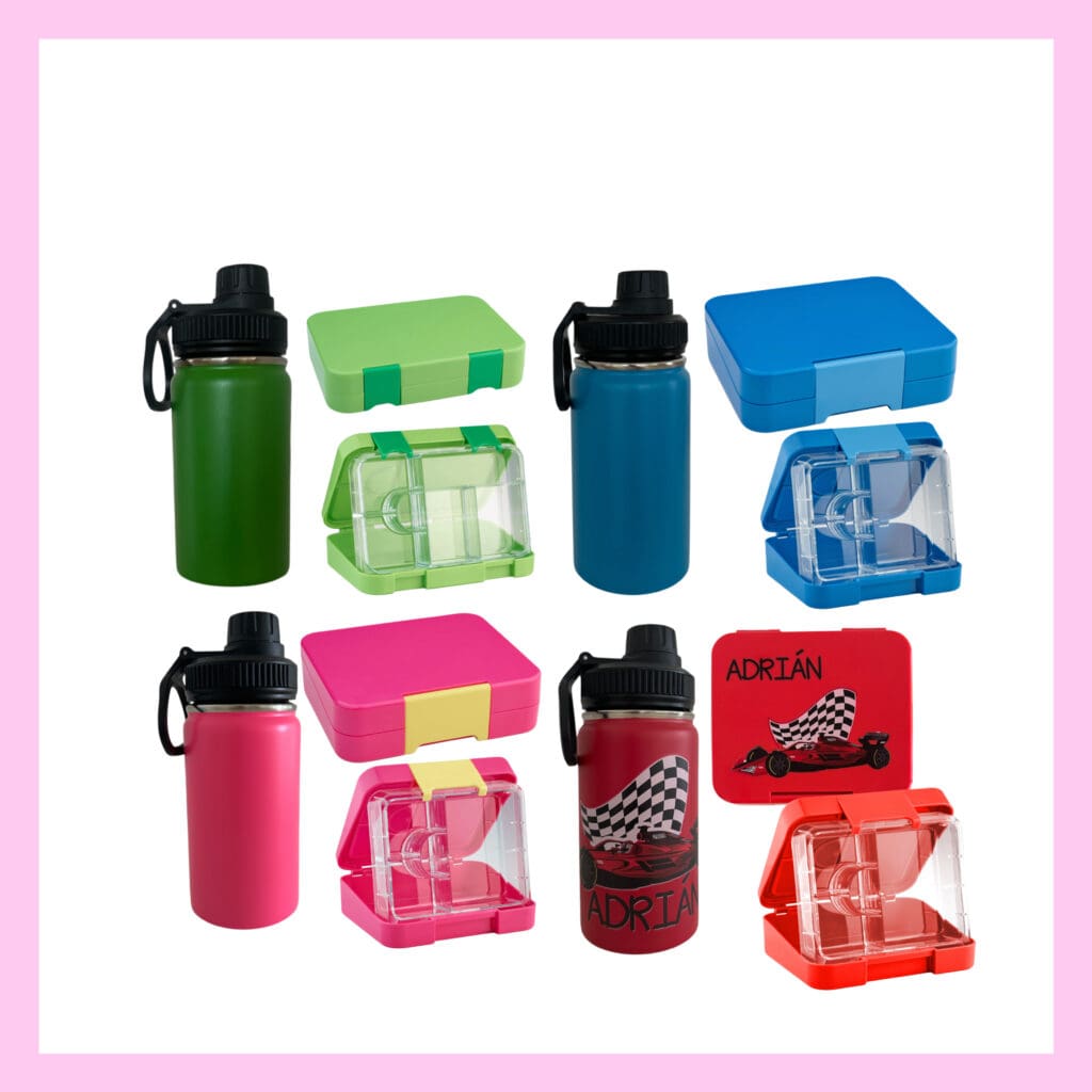 Znünibox-Set mit personalisierter Znünibox und Trinkflasche in Blau, Rot, Grün und Pink, mit Wunschmotiv und Namen gestaltet, BPA-frei und ideal für Kindergarten und Schule