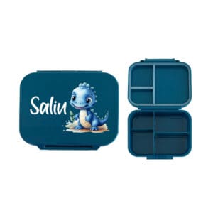 Znünibox Blau mit Trennsteg, personalisierte Lunchbox mit Wunschname, praktische Brotdose für Kindergarten und Schule, mit Dino Motiv und Name