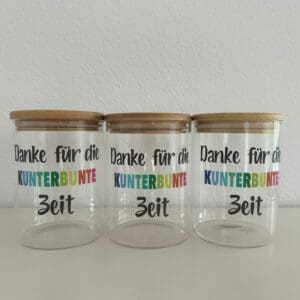 Aufbewahrungsglas mit Holzdeckel und farbigem Aufdruck „Danke für die kunterbunte Zeit“ – personalisiertes Geschenk zum Abschied für Lehrpersonen, Betreuung oder Kindergarten