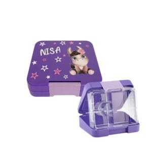 Znünibox Violett Nilana, personalisiert mit dem Motiv Esel und dem Namen Nisa, perfekt für Schule und Kindergarten, unterteilte Znünibox.
