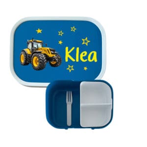 Mepal Lunchbox Blau personalisiert mit Traktor-Motiv und Name Klea, personalisierte Znünibox mit Bento-Einsatz
