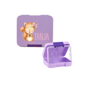 Znünibox Lila personalisiert Nilana Piccola mit Namen „Tanja“ und süssem Eichhörnchen-Motiv mit Blumenkranz