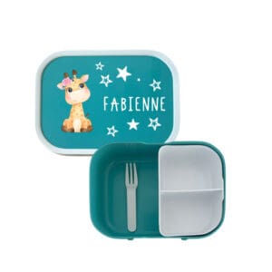 Mepal Lunchbox Türkis mit Giraffenmotiv und Name Fabienne, personalisierte Znünibox mit Bento-Einsatz