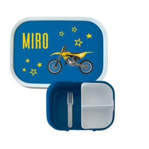 Mepal Lunchbox Blau personalisiert mit Motocross-Motiv und Name Miro, personalisierte Znünibox mit Bento-Einsatz