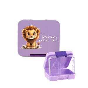 Personalisierte Znünibox in Lila mit Löwen-Motiv und Namen Jana – Kinder-Lunchbox mit Inlay und Fächern