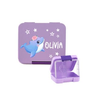 Znünibox Lila – Violett personalisierte Kinder-Lunchbox mit Namen Olivia und Delfin-Motiv. Robuste, BPA-freie Brotdose mit herausnehmbarem Inlay, ideal für Kindergarten, Schule und Ausflüge