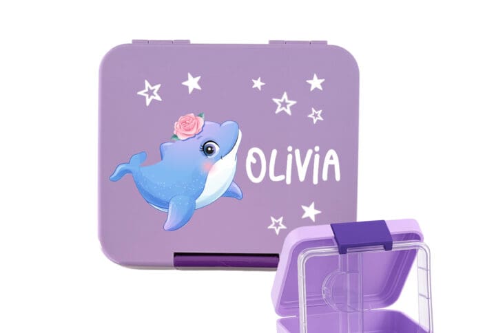 Znünibox Lila – Violett personalisierte Kinder-Lunchbox mit Namen Olivia und Delfin-Motiv. Robuste, BPA-freie Brotdose mit herausnehmbarem Inlay, ideal für Kindergarten, Schule und Ausflüge