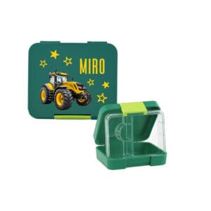 Znünibox Grün personalisiert mit gelbem Traktor-Motiv und Name Miro – robuste, BPA-freie Kinder-Lunchbox mit herausnehmbarem Inlay, perfekt für Kindergarten & Schule