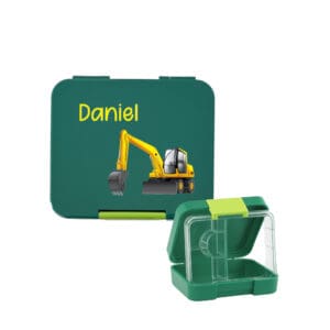 Znünibox grün personalisiert mit Bagger-Motiv und Name „Daniel“ – robuste Kinder-Lunchbox mit Inlay und hell-Grüner Verschlussklappe